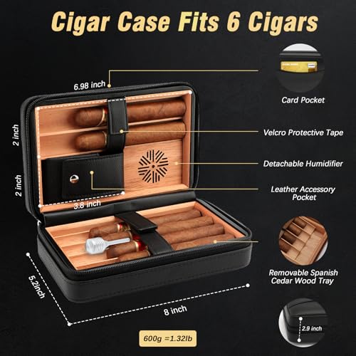 TISFA Cigar Humidor, Leather Cedar Wood Cigar Case with Cigar Lighter, V Cut Cigar Cutter, Cigar Holder 3 in 1, Portable Travel Cigar Humidor Box with Humidifier (Black) - Image 2