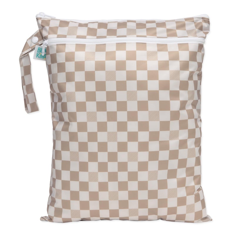 Bumkins Waterproof Wet Dry Bag for Baby Travel Swim Suit Cloth Diapers Pump Parts Pool Beach Gym Clothes Toiletry Hook to Stroller Daycare Zipper Reusable Wetdry Packing Pouch Beige Check - Image 2
