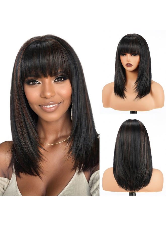Topshe 1B/30 Light Brown Highlight Wig with Fringe Layered Straight Wigs for Women Heat Resistant Synthetic Wig Shoulder Length Hair (16 Inches) - Image 1