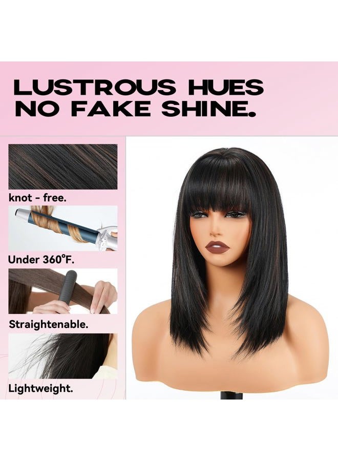 Topshe 1B/30 Light Brown Highlight Wig with Fringe Layered Straight Wigs for Women Heat Resistant Synthetic Wig Shoulder Length Hair (16 Inches) - Image 3