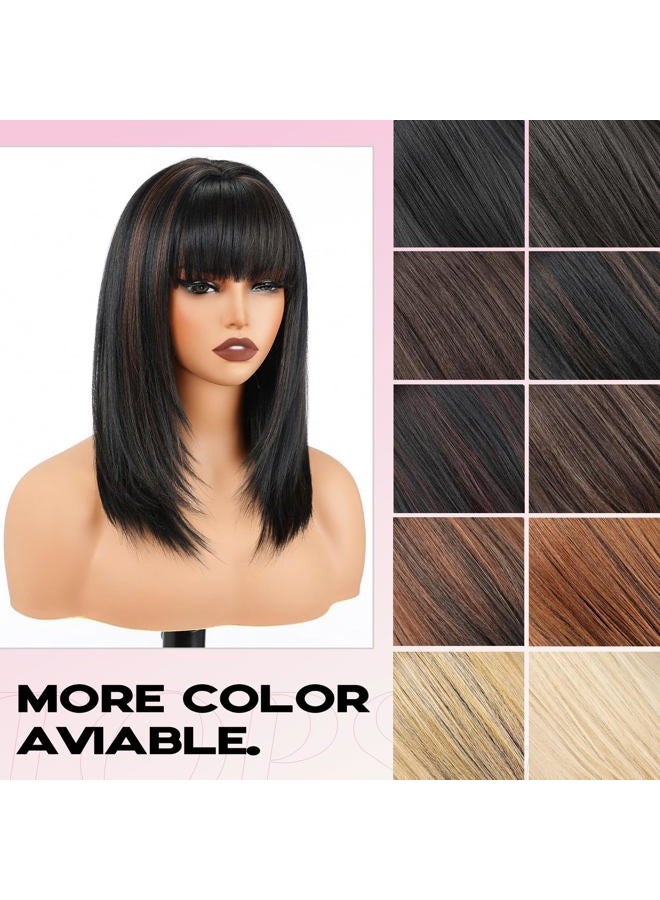 Topshe 1B/30 Light Brown Highlight Wig with Fringe Layered Straight Wigs for Women Heat Resistant Synthetic Wig Shoulder Length Hair (16 Inches) - Image 4