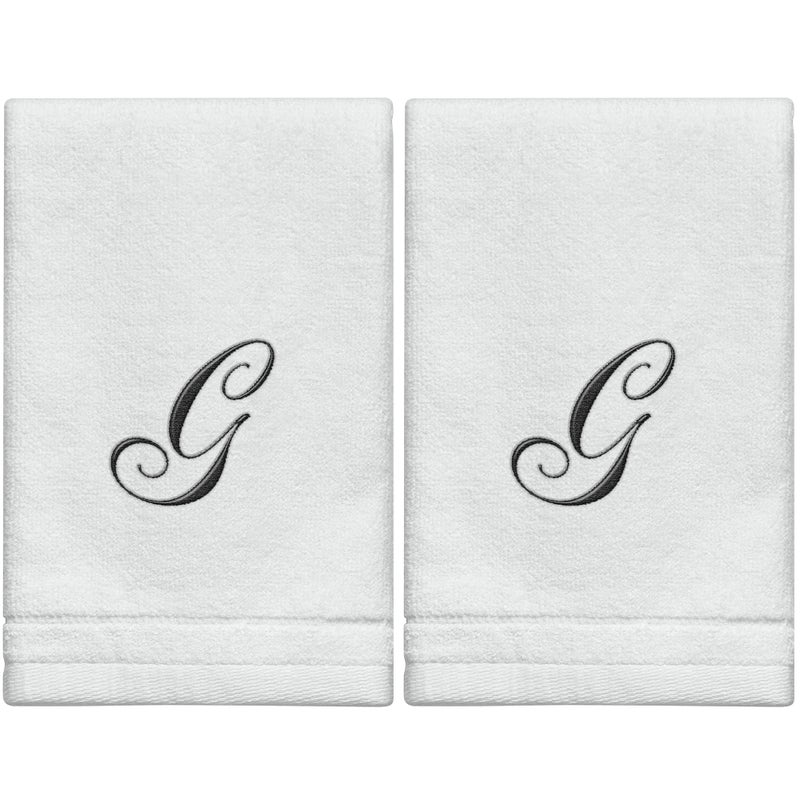 Monogrammed Towels Fingertip Personalized Gift 11 x 18 Inches  Set of 2 Black Embroidered Towel  Extra Absorbent 100 Cotton Soft Velour Finish  For Bathroom Kitchen Spa Initial G White
