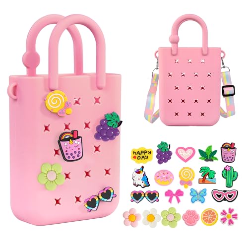 BestStone Silicone Mini Hole Handbag Toddler Purse with 20 Charms, Small Rubber Beach Bag With Adjustable Shoulder Strap, Mini Tote Bags for Little Girls and Woman Birthday Gift(Pink) - Image 1
