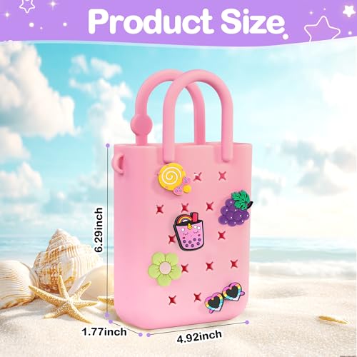 BestStone Silicone Mini Hole Handbag Toddler Purse with 20 Charms, Small Rubber Beach Bag With Adjustable Shoulder Strap, Mini Tote Bags for Little Girls and Woman Birthday Gift(Pink) - Image 3