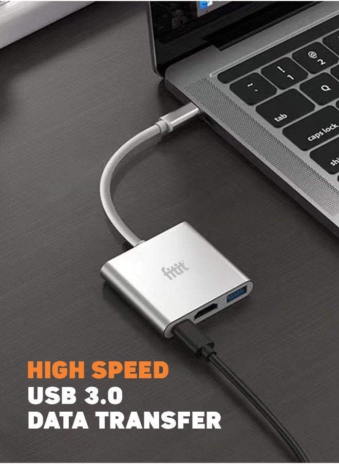 FITITI Type C Hub 3-in-1 Metalic body Hub, With 1X HDMI, 1X Type C, 1X USB Type A, Grey