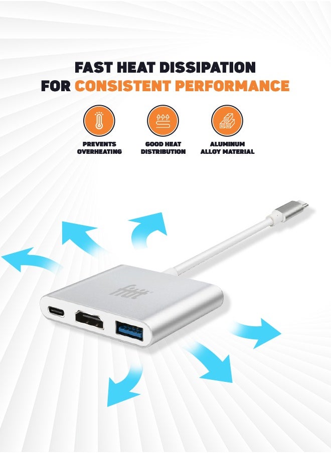 FITIT FITITI Type C Hub 3-in-1 Metalic body Hub, With 1X HDMI, 1X Type C, 1X USB Type A, Grey  - Image 4