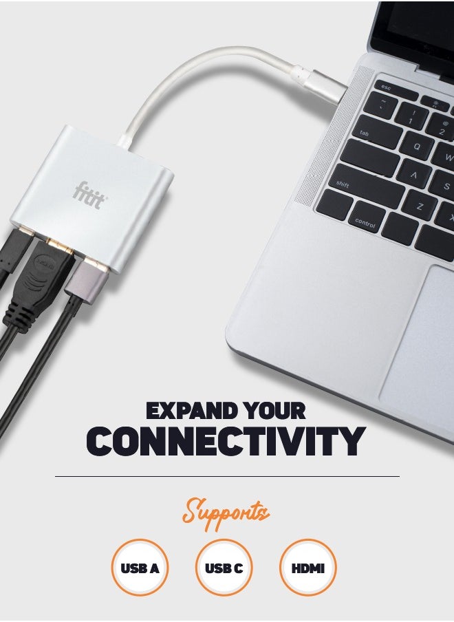 FITIT FITITI Type C Hub 3-in-1 Metalic body Hub, With 1X HDMI, 1X Type C, 1X USB Type A, Grey  - Image 2