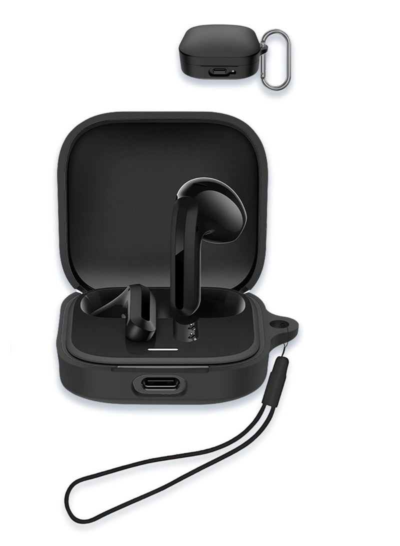 Case for Xiaomi Redmi Buds 6 Active, Soft Silicone Protective Portable Scratch Shock Resistant with Carabiner  Lanyard（Black） - Image 1