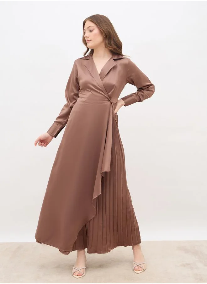 ستايلي Styli Plain Satin Pleated Wrap Maxi Dress with Notch Lapel