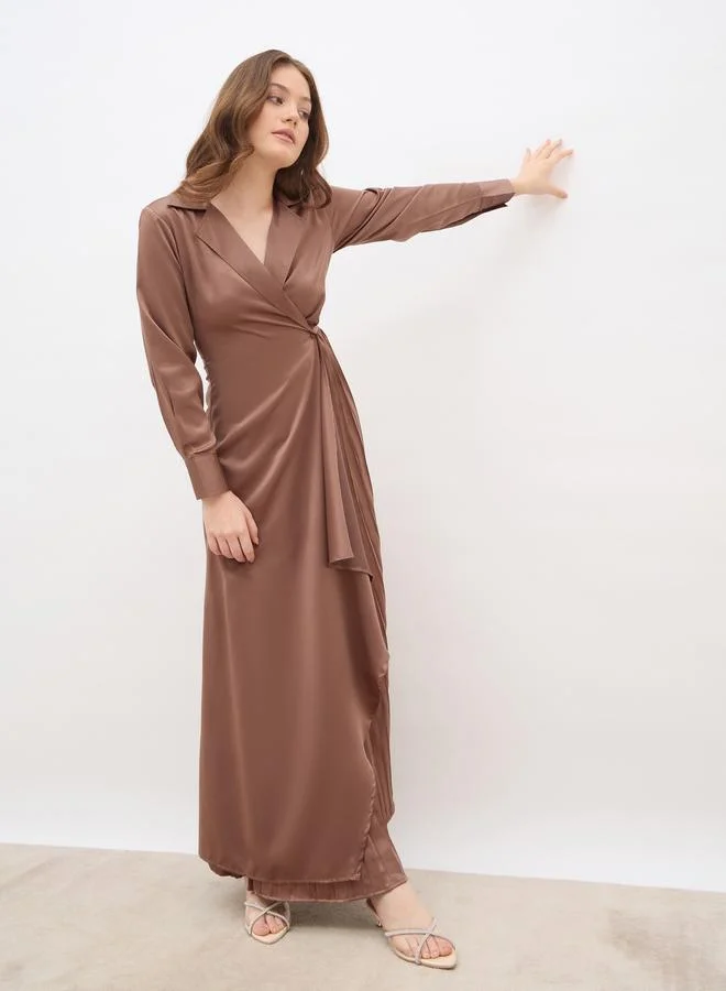 Styli Styli Plain Satin Pleated Wrap Maxi Dress with Notch Lapel