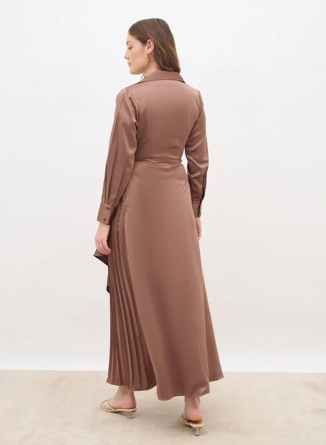 Styli Styli Plain Satin Pleated Wrap Maxi Dress with Notch Lapel