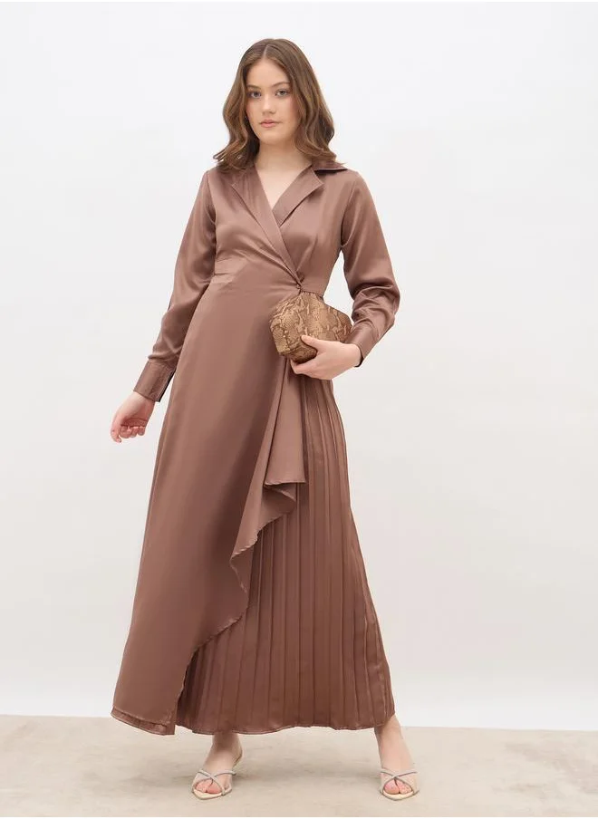 ستايلي Styli Plain Satin Pleated Wrap Maxi Dress with Notch Lapel