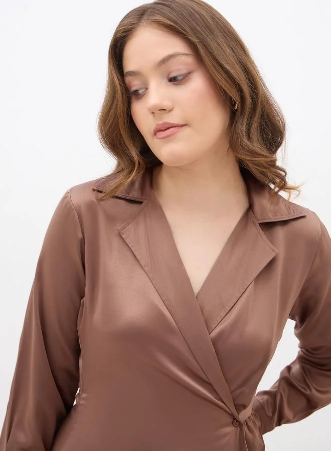 Styli Styli Plain Satin Pleated Wrap Maxi Dress with Notch Lapel