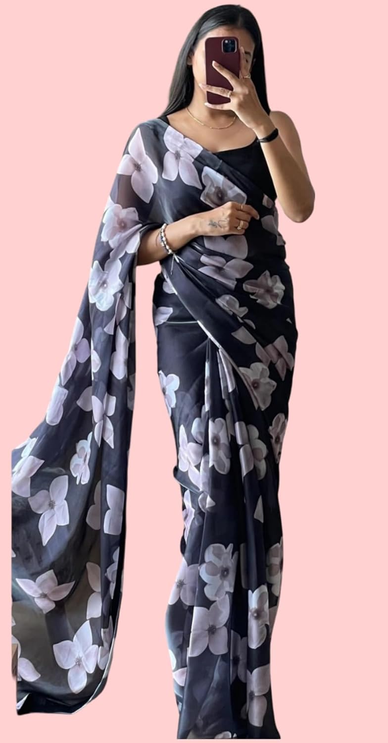 Sidhidata Women's Georgette Digital Printed Ready To Wear Saree with Unstitched Blouse Piece - Black Floral Design - Image 5
