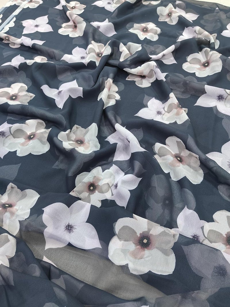 Sidhidata Women's Georgette Digital Printed Ready To Wear Saree with Unstitched Blouse Piece - Black Floral Design - Image 4