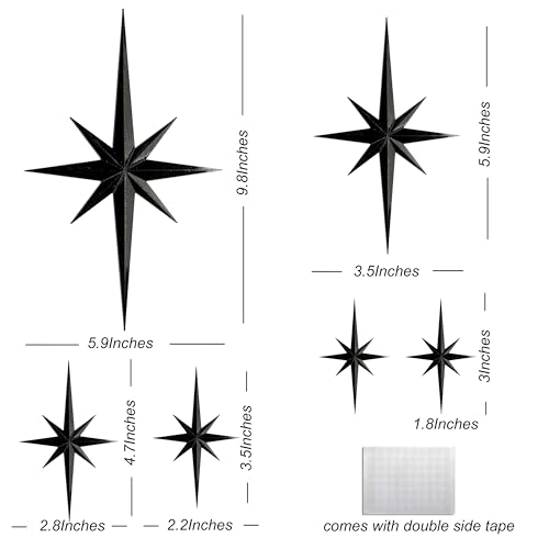 Stylor Mid Century Modern Decor Mcm Retro 3D Star Art Wall Sculpture Plastic Starburst Decor Vintage Celestial Whimsigoth Home Decor Accent Set of 6 Black - Image 3