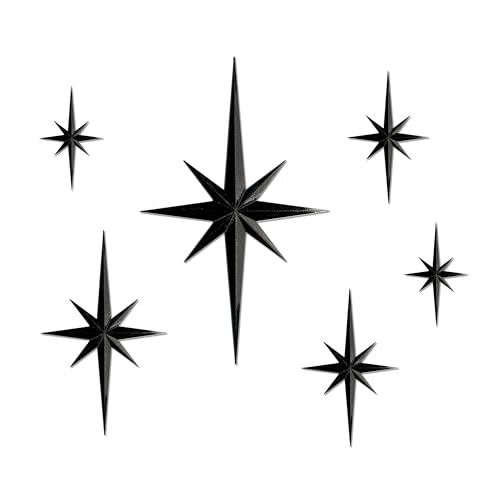 Stylor Mid Century Modern Decor Mcm Retro 3D Star Art Wall Sculpture Plastic Starburst Decor Vintage Celestial Whimsigoth Home Decor Accent Set of 6 Black - Image 1
