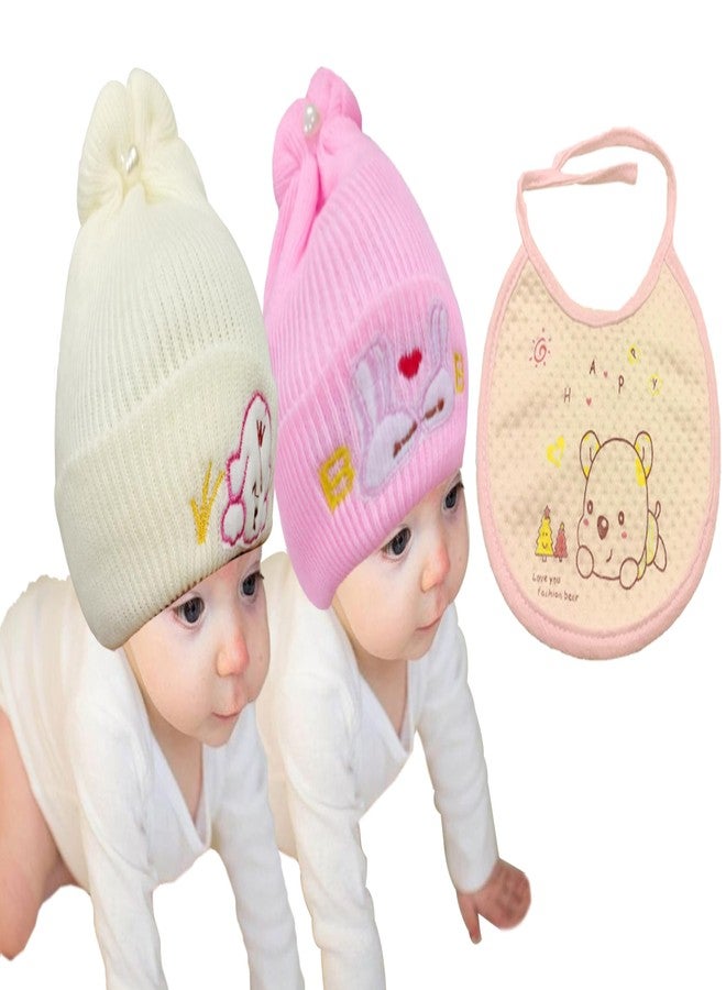 COOL INDIANS Stylish Combo Baby Winter Cap & Baby Bibs | New Born Baby Kid's Cap | Cotton Baby Bibs/Baby Apron with Titch Button I Woolen Cap for Kid's Boy's & Girl's (0-3 Months, LPINK Beige) - Image 1
