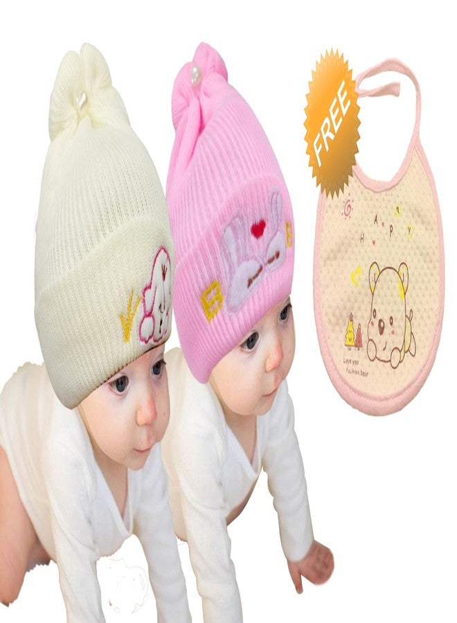 COOL INDIANS Stylish Combo Baby Winter Cap & Baby Bibs | New Born Baby Kid's Cap | Cotton Baby Bibs/Baby Apron with Titch Button I Woolen Cap for Kid's Boy's & Girl's (0-3 Months, LPINK Beige) - Image 2