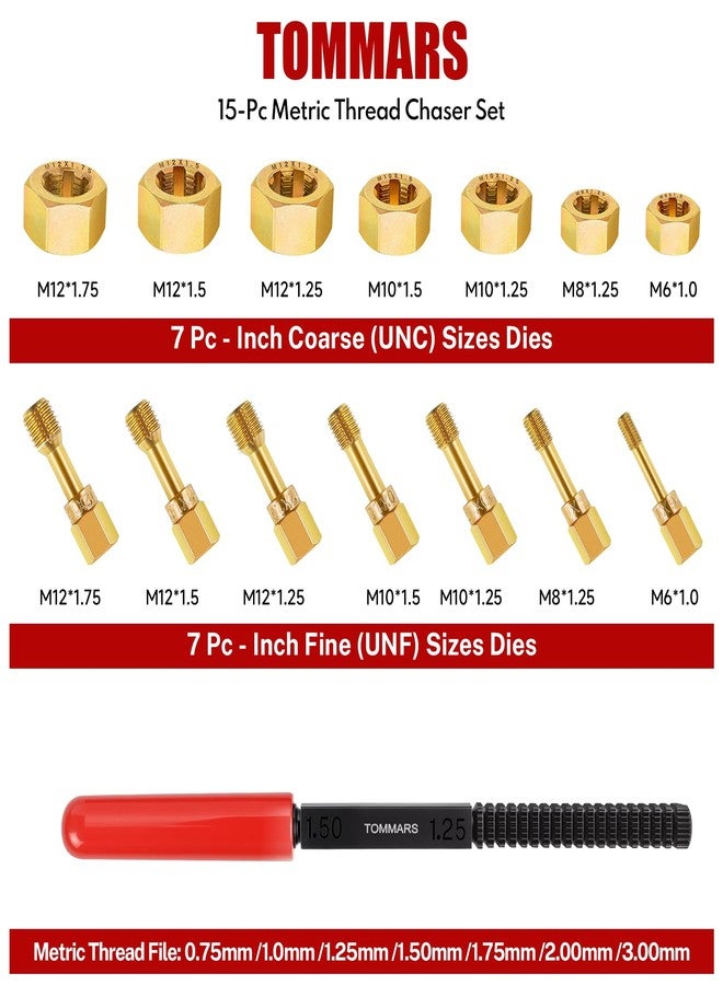 TOMMARS 15-Piece Metric Thread Chaser Set, M6 M8 M10 M12 Thread Restorer Tool Rethreading Repair Kit - Image 2