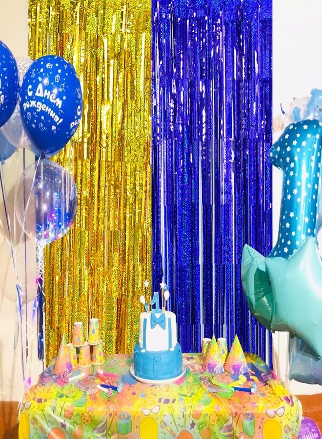 BEISHIDA 4 Pcs Blue and Gold Party Streamers Fringe Foil Curtain Backdrop Tinsel Background Party Decoration for Door Wall Graduation Birthday Wedding Anniversary Party Decoration(3.28 Ft x 8.2 Ft) - Image 4