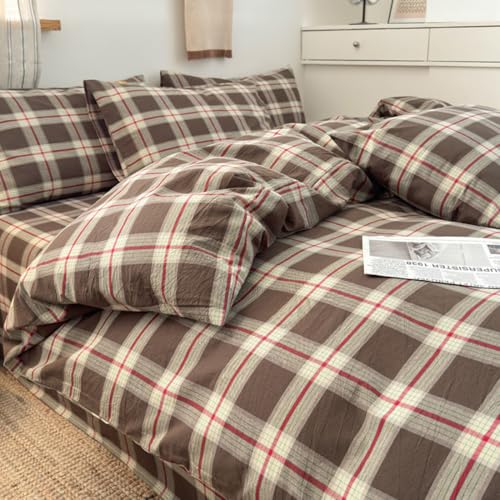Mucalis Brown Buffalo Plaid Duvet Cover King 100 Washed Cotton Green Red Vintage Checkered Duvet Cover Set Retro 3 Piece Grid Bedding Set with Zipper Closure Corner TiesSoftEasy Care - Image 1