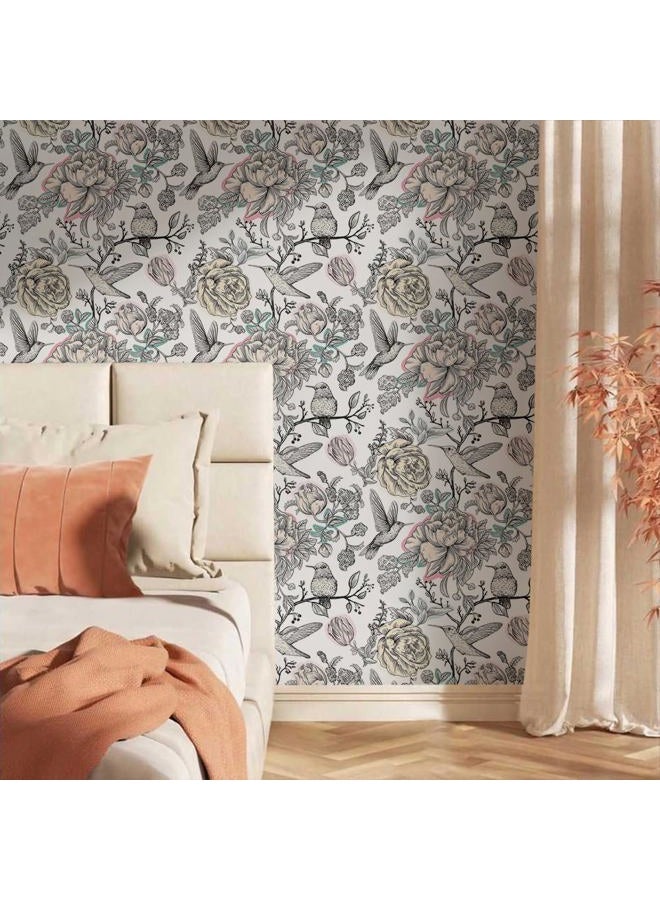 MuralPeel ورق جدران قابل للإزالة ذات تصميم زهور الطائر الطنان بالأبيض والأسود - Image 2