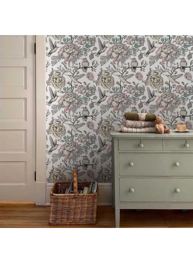 MuralPeel ورق جدران قابل للإزالة ذات تصميم زهور الطائر الطنان بالأبيض والأسود - Image 3
