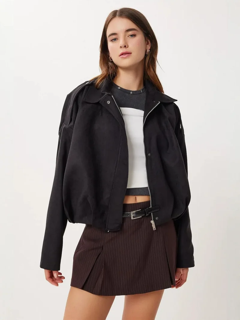 Lovely Istanbul ISTANBUL Suede Bomber Jacket with Zipper Closure