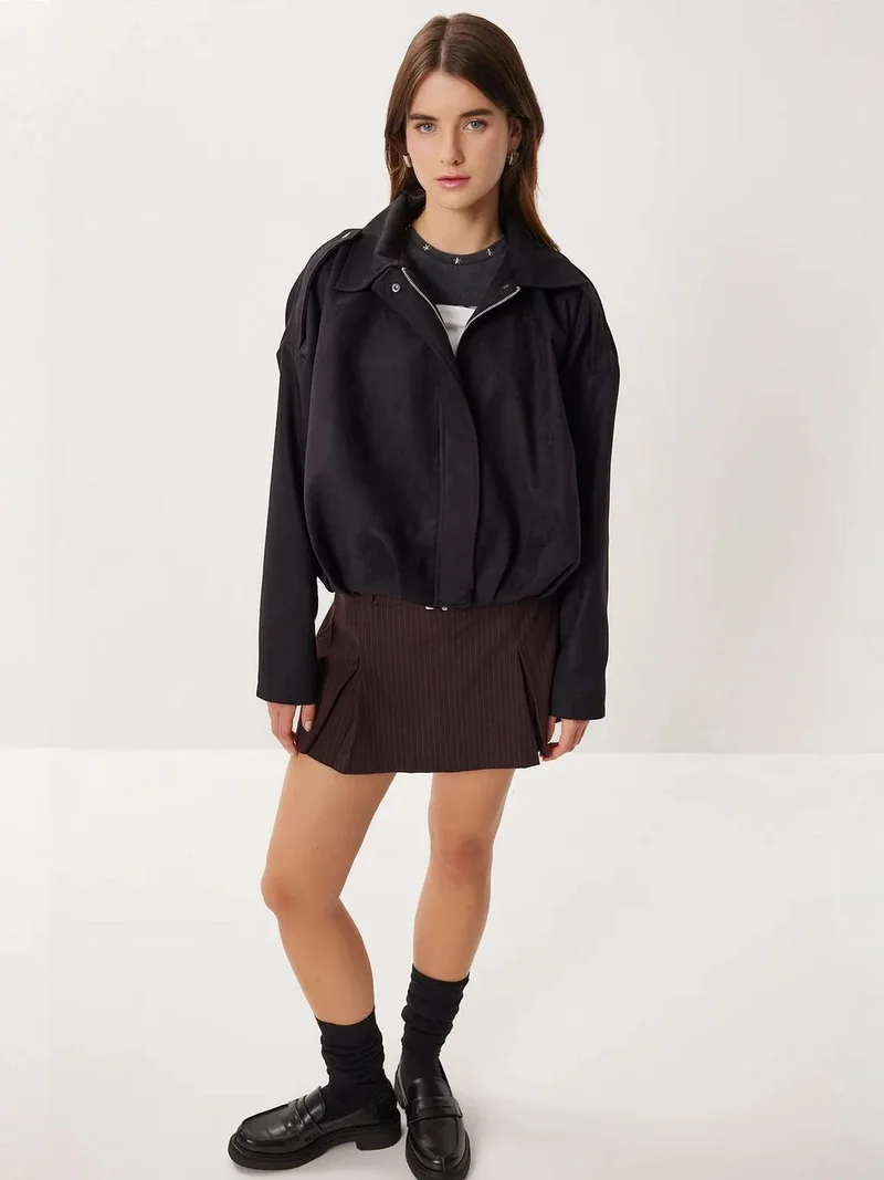 Lovely Istanbul ISTANBUL Suede Bomber Jacket with Zipper Closure