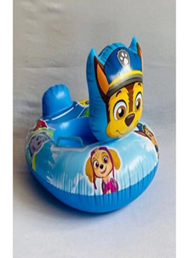 Inflatable swimming float for babies and toddlers with leg holes and a backrest – blue cartoon design. - Image 1