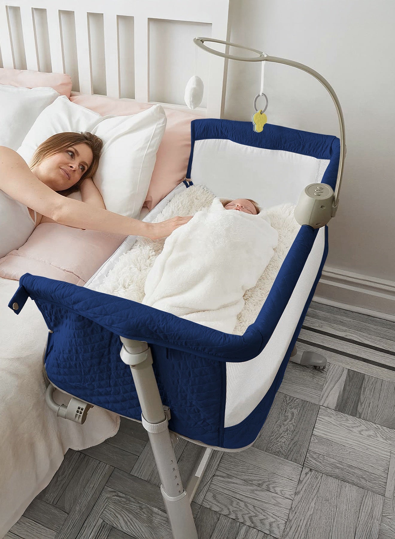 Cradella Cradle For Baby Cot Bedside Crib Portable Convertible Bassinet With Adjustable Height Wheels Mosquito Net Toys For Toddlers 0 To 18 Months Navy Blue