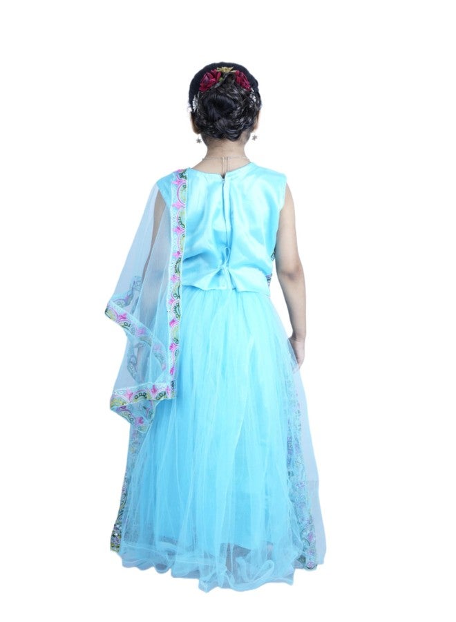 Bhakti Basket Girls Floral Embroidered Lehenga Choli Set, Light Blue, Traditional Indian Ethnic Wear - Image 3