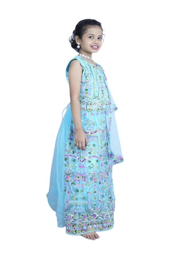 Bhakti Basket Girls Floral Embroidered Lehenga Choli Set, Light Blue, Traditional Indian Ethnic Wear - Image 4