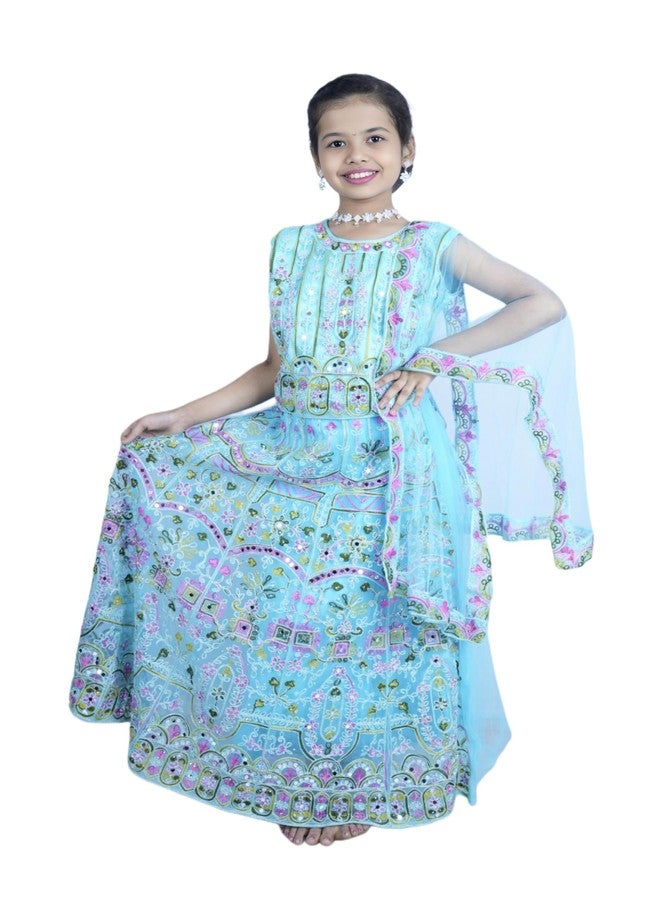 Bhakti Basket Girls Floral Embroidered Lehenga Choli Set, Light Blue, Traditional Indian Ethnic Wear - Image 2