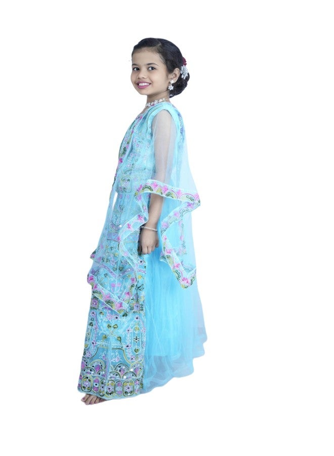 Bhakti Basket Girls Floral Embroidered Lehenga Choli Set, Light Blue, Traditional Indian Ethnic Wear - Image 5