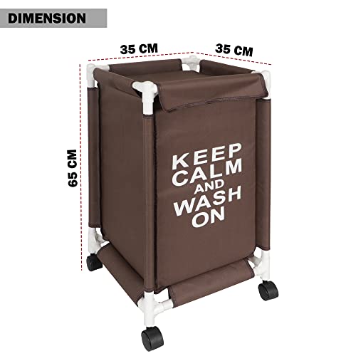 HOKIPO Oxford Fabric Laundry Basket With Wheels | Laundry Hamper with Lid Cover | Rolling Laundry Clothes Basket Trolley, 65x35x35 cm, Brown (AR-4030) - Image 5