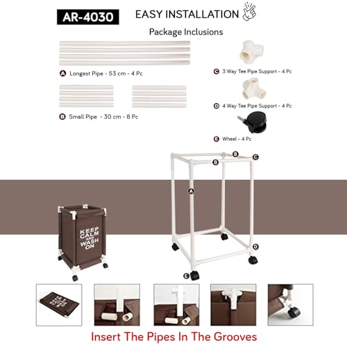 HOKIPO Oxford Fabric Laundry Basket With Wheels | Laundry Hamper with Lid Cover | Rolling Laundry Clothes Basket Trolley, 65x35x35 cm, Brown (AR-4030) - Image 4