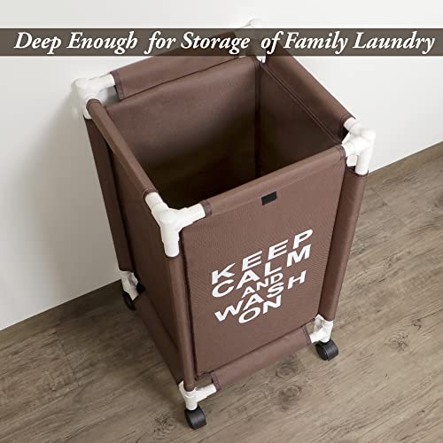 HOKIPO Oxford Fabric Laundry Basket With Wheels | Laundry Hamper with Lid Cover | Rolling Laundry Clothes Basket Trolley, 65x35x35 cm, Brown (AR-4030) - Image 3