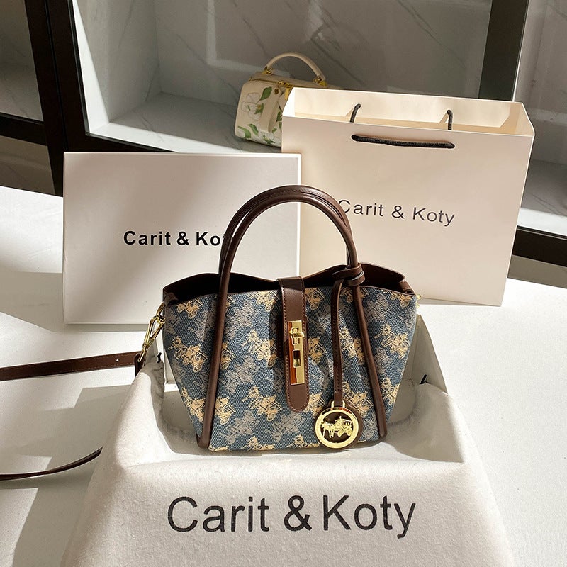 A Generation Of Hair Retro Printing Basket Bag Women 2025 Spring And High-End Sense Of Color Bucket Bag - Image 1