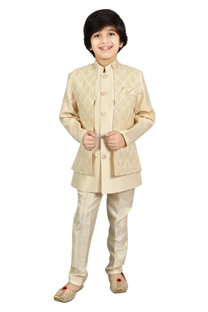 AHHAAAA Kids Ethnic Silk Blend Waistcoat Kurta Pyjama Sherwani Set For Boys, Solid,Gold - Image 1