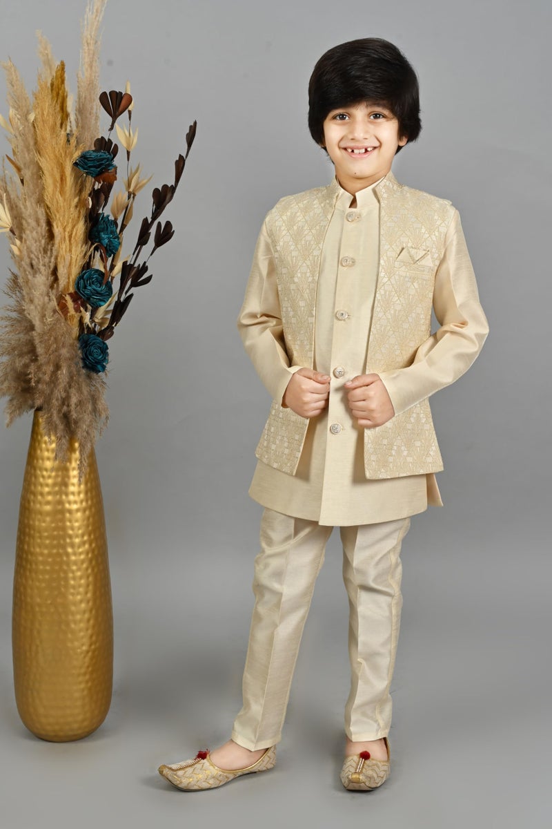AHHAAAA Kids Ethnic Silk Blend Waistcoat Kurta Pyjama Sherwani Set For Boys, Solid,Gold - Image 2