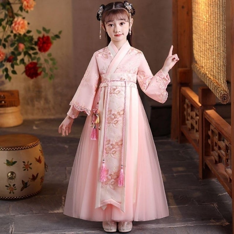 JUSTADIL Girl's Hanfu Dress, New Spring/Autumn Style Chinese Tang Suit, Fairy-like Princess Ancient Ruqun Dress, Traditional Chinese Costume for Kids(Waist rope+headwear+fan) - Image 4