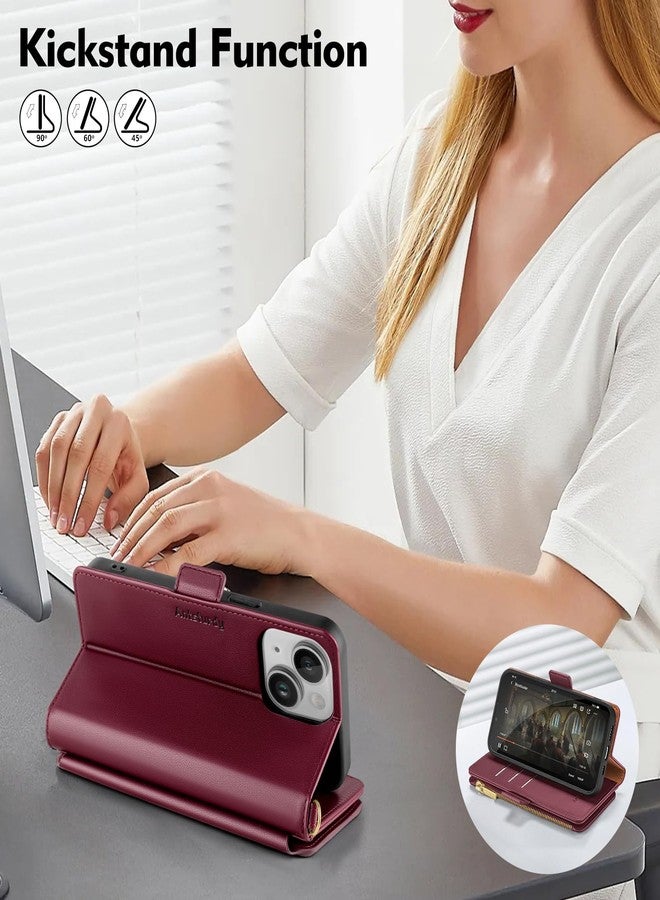 Antsturdy for iPhone 14 Plus 5G 6.7" Wallet case 【RFID Blocking】【Zipper Poket】【7 Card Slot】 PU Leather Magnetic Flip Folio Book Protective Cover Credit Card Holder Kickstand Men Women (Wine Red) - Image 5