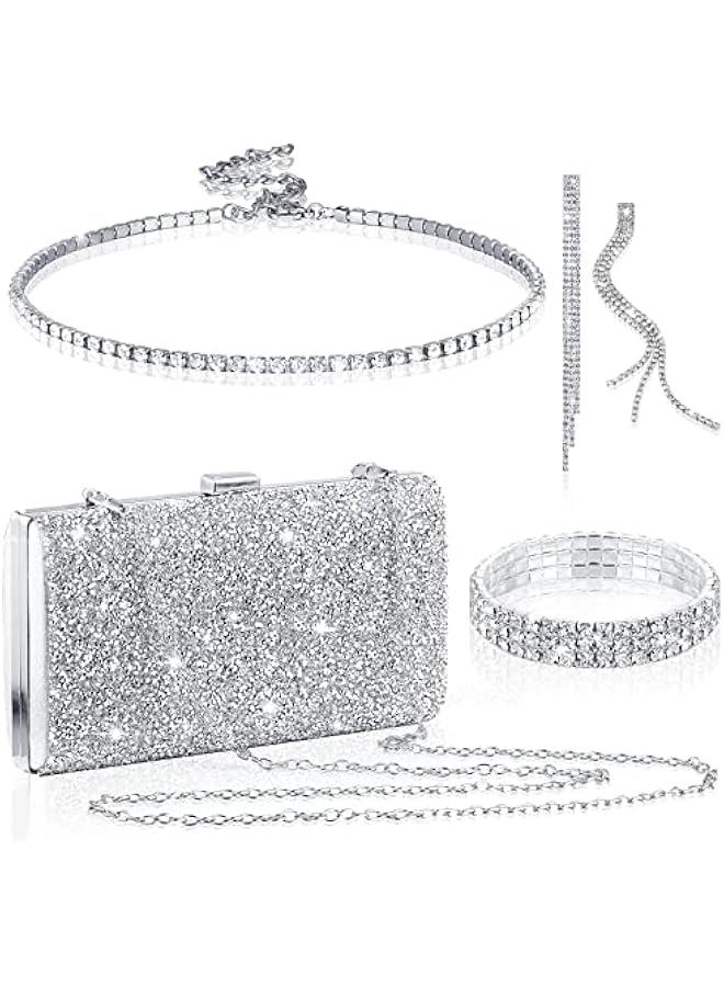 Arabest 4 Pieces Women Rhinestone Evening Clutch Bag Bling Earring Necklace Bracelet for Wedding Formal - Image 1