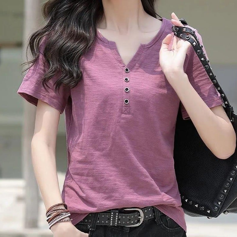 Short-Sleeved T-Shirt For Women Loose Large Size Korean Summer Wear 2023 New V Neck Purple Button Women'S Body Trend - Image 1