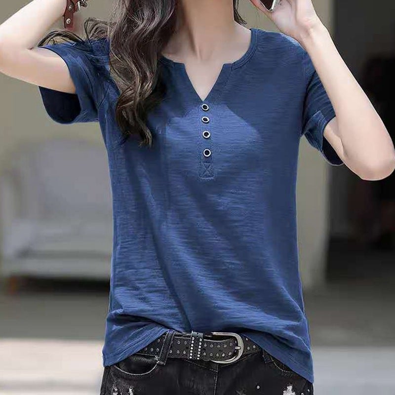 Short-Sleeved T-Shirt For Women Loose Large Size Korean Summer Wear 2023 New V Neck Purple Button Women'S Body Trend - Image 2