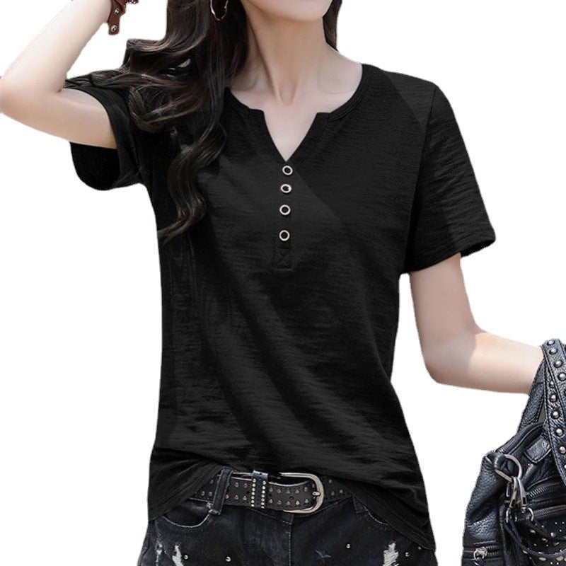 Short-Sleeved T-Shirt For Women Loose Large Size Korean Summer Wear 2023 New V Neck Purple Button Women'S Body Trend - Image 5
