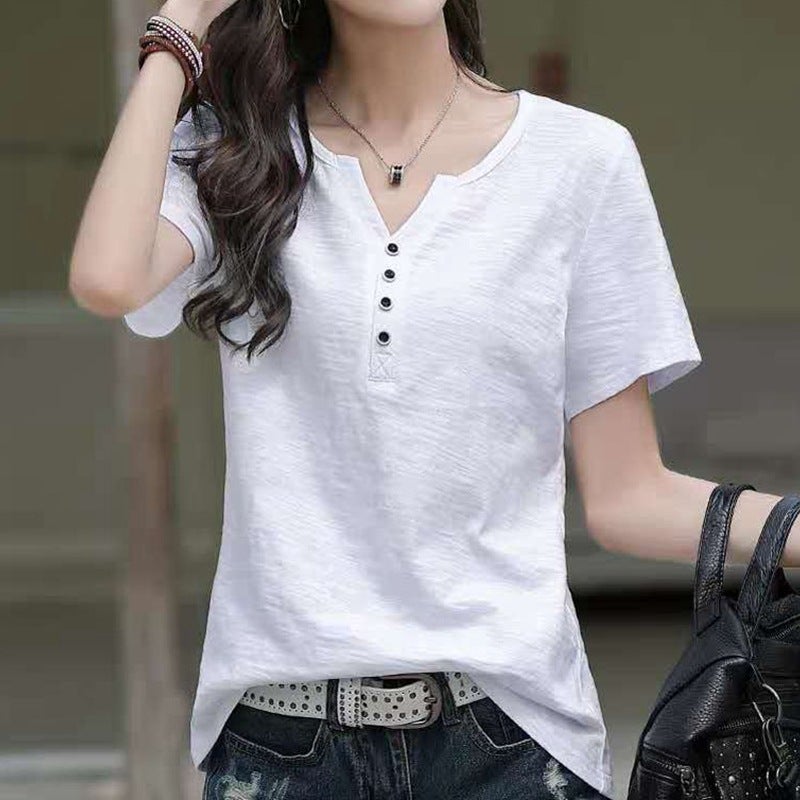 Short-Sleeved T-Shirt For Women Loose Large Size Korean Summer Wear 2023 New V Neck Purple Button Women'S Body Trend - Image 3