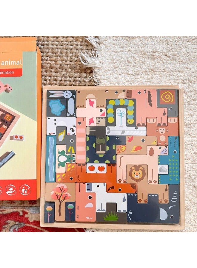 Benefiting Intelligence Development Wooden Children's Toys 1 Kindergarten 3 Gift Animals Tetris Varied Building Blocks Puzzle-Color:Animals Russia 17 Blocks - Image 2